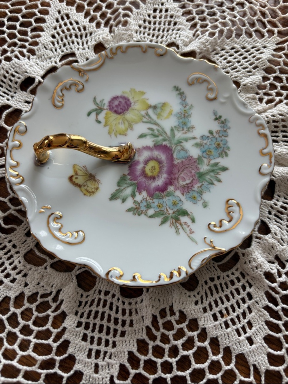 Porcelain Floral Handled Serving Dish in White and Gold